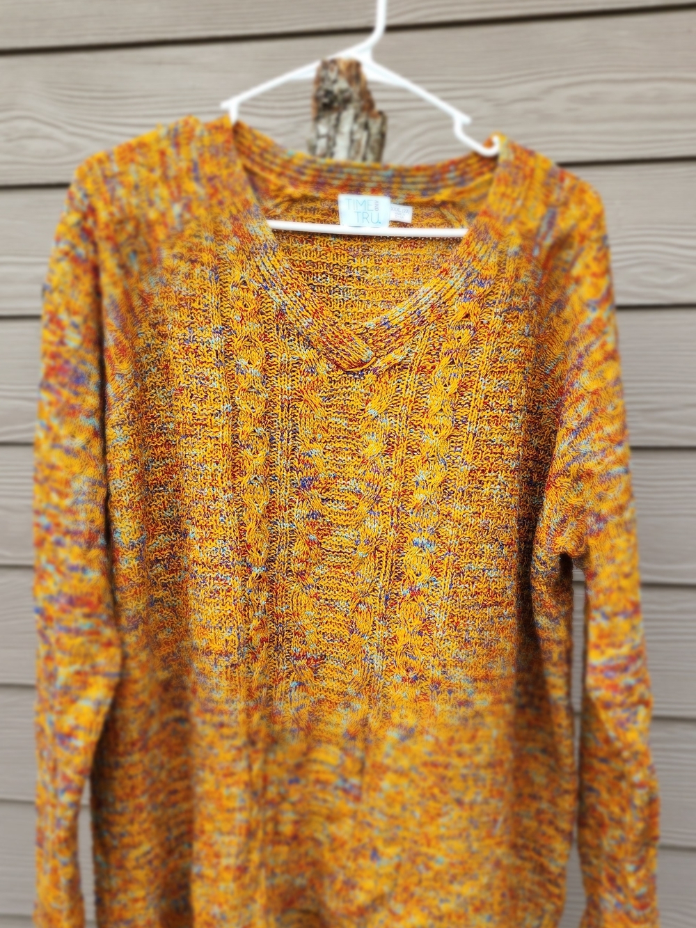 Time and Tru Mustard Marled Cable V-Neck Sweater